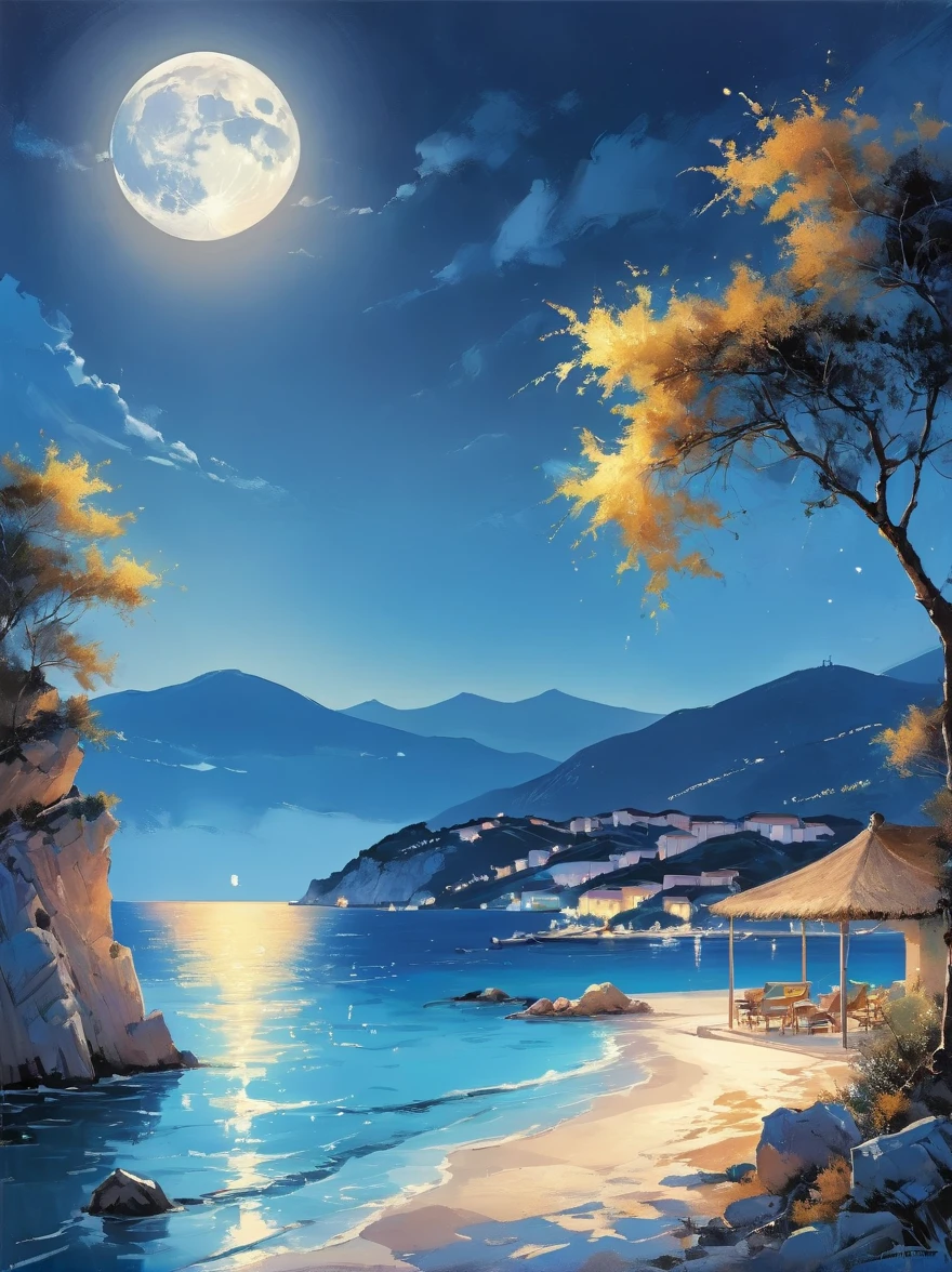 Romantic Aegean Sea，(Côte d'Azur:1.3)，night，Backlight，(一男一女坐在Côte d'Azur的沙滩上:1.4)，There is a big full moon behind，Alexander，Averin，Fresh colors，Soft colors，Diode light，Concept art style，Extremely complex details，Clear distinction between light and dark，Layering，Ultra HD