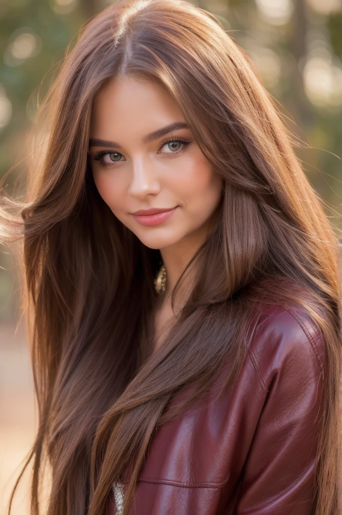Professional photograph, best quality, 8K, hyper detailed, full body, A close up portrait of a Gorgeous, pretty, warm-hearted, kind-hearted, good-hearted, stunning, cheerful, sweet, polite, sensitive, sensible, shiny, charming, alluring, dreamy, graceful, majestic, classy, stylish, flowing super long brown haired argentinian woman. Flowing hair, silky hair, glowing hair, ethereal argentinian beauty, exotic argentinian beauty, timeless argentinian beauty, dream argentinian beauty. She has the cutest face, beaming countenance, fair porcelain skin, soft make-up, red lipstick, she is wearing a burgundy leather jacket, skinny trousers, and boots. She's glad, happy, cheerful, joyful, angelical face, angelical beauty. Affectionate woman, tenderness and delicacy in person.