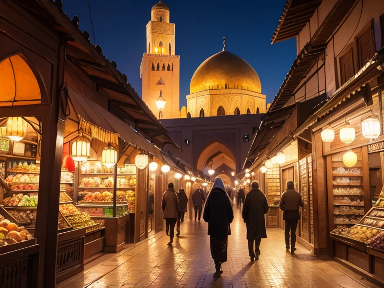 4k resolution picture, ultra realistic picture, Marrakech city, a huge mosque with dome on top, night time, entire market area views, shops everywhere, Moroccan architectures, 