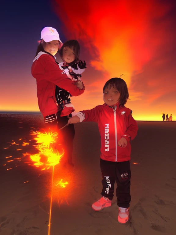 there is a woman and a  holding firecracker on the beach, [ flames in the sky ]!!, firecracker, flames in the background, Taken with Canon EOS 5D mark iv, happy!!!, Taken with Sony Alpha 9, flames, Good night, flame, Taken with Canon EOS 5D, happy family, Taken with Nikon Z9, children, The lights came on