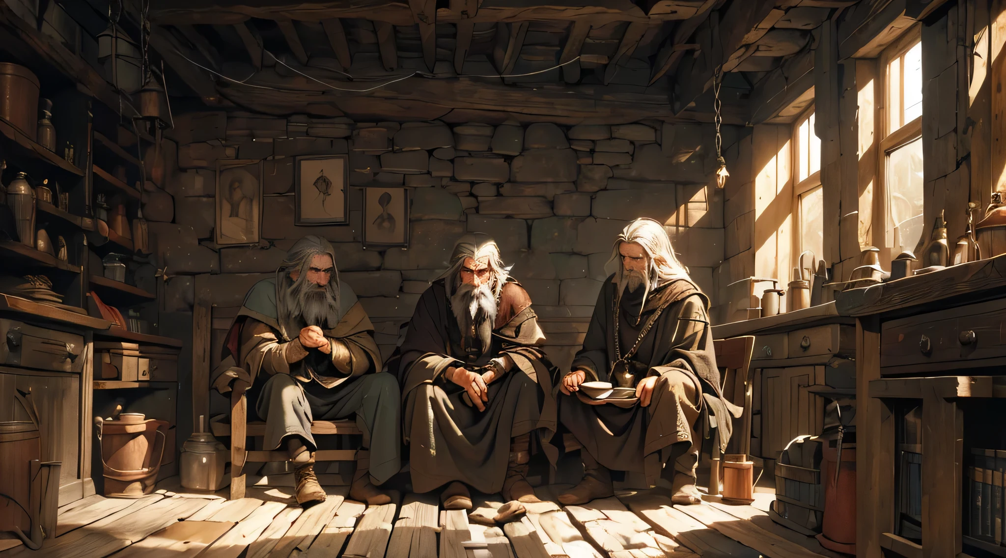 (detailed) sad and depressed dwarves in the dungeon, dark and gloomy atmosphere, dimly lit, cold stone walls, chains and shackles hanging on the walls, worn-out rusty iron bars, small flickering torches, damp and musty smell, moss growing in corners, thin rays of light piercing through the cracks, heavy wooden doors, small windows with iron grids, solemn and quiet atmosphere, hunched postures, teary and weary eyes, unkempt beards and hair, tattered clothing, huddled together for warmth, somber expressions, echoes of sighs and whispers, distant dripping water sounds, a sense of confinement and despair, no hope in sight, forgotten and abandoned. (best quality, highres, realistic:1.37)