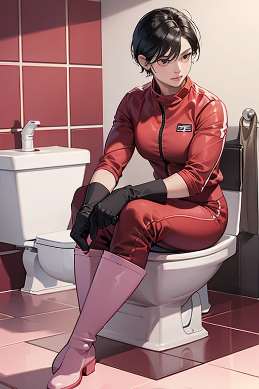 A muscular, short-haired mature woman with black hair and a red long-sleeved, long-pants gym uniform, pink rubber gloves and white rubber boots cleaning a toilet