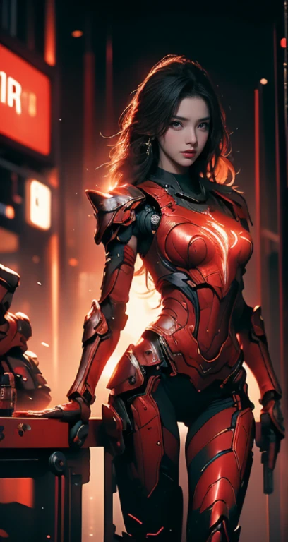 Realistic picture 8k,Masterpiece,Highest quality,Maximum details,anatomy,hips up,Complete dynamic composition,Bright natural light that is easy on the eyes,1 girl,alone,cyberpunk robot,red body,There are neon lights on the machinery.,Body Machinery,
