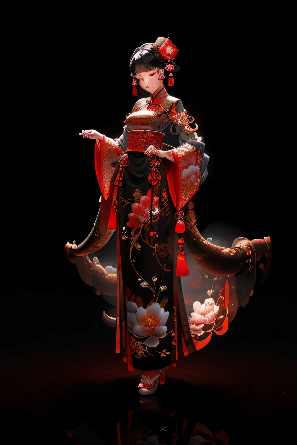 Picture a Chinese traditional character girl, elegantly dressed in intricate and vibrant Chinese costumes. She is nestled amidst a knolling layout of distinct elements that pay homage to Chinese culture. The detailed textures of her clothing, from the intricate ink patterns to the lustrous silk fabric, are brought to life through the artistry of Disneys-style animation. Each line and curve is meticulously rendered, showcasing the depth and complexity of the designs. The jagged edges of the ink textures contrast beautifully with the smoothness of the silk, creating a visual tension that adds character and depth to the composition. The background is filled with elements of Chinese art, from the intricate patterns adorning the