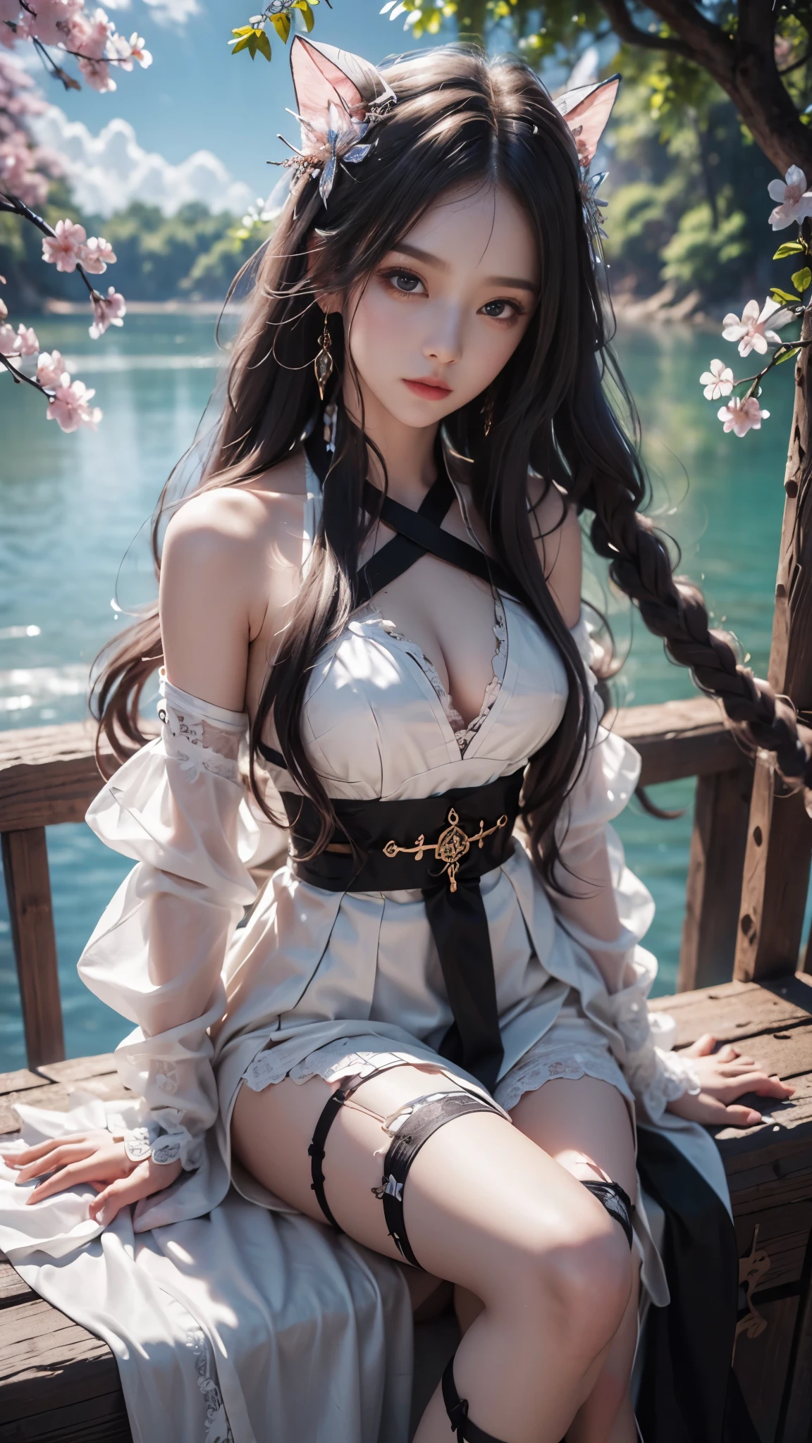 Has long white hair and red eyes、Please draw a super beautiful girl with a black hair accessory..。she stood in the woods、The wood々Sunlight shining through softly illuminates her figure.。she&#39;Wearing a hoodie、An elegant and mysterious atmosphere surrounds you..。パーカーはsheの体にぴったりフィットした、Minimize Exposure、Maintains an understated charm。sheの胸はよく隠れている。

she is wearing hot pants、Combination with Parker、Casual yet sophisticated style.。sheの黒い髪飾り、Brings out beautiful grey hair、sheの個性を際立たせる。The hoodie combines great design and comfort..、sheの体にぴったりフィットします.、Gives elegance and luxury。sheのパーカーのフードはsheの顔を部分的に覆っていた.、sheの神秘的なオーラをさらに引き立てる.。

sheの赤い目は情熱的に輝く、sheの魅力的な笑顔と相まって、sheの個性を際立たせる and charm.。sheの笑顔には独特の魅力がある、sheの神秘的なオーラと相まって、sheの魅力がさらに際立つ。sheの外見は美しく、Its presence is fascinating。

This beautiful girl with long white hair and red eyes、she is modest yet attractive in a hoodie and hot pants.、in the forest, wood々Sunlight shining through、It shows beauty and dignity。sheの外見は、sheの存在と魅力は自然の中で融合している.、It is a fascinating and mysterious sight.。Please take a photo from the knees up。
