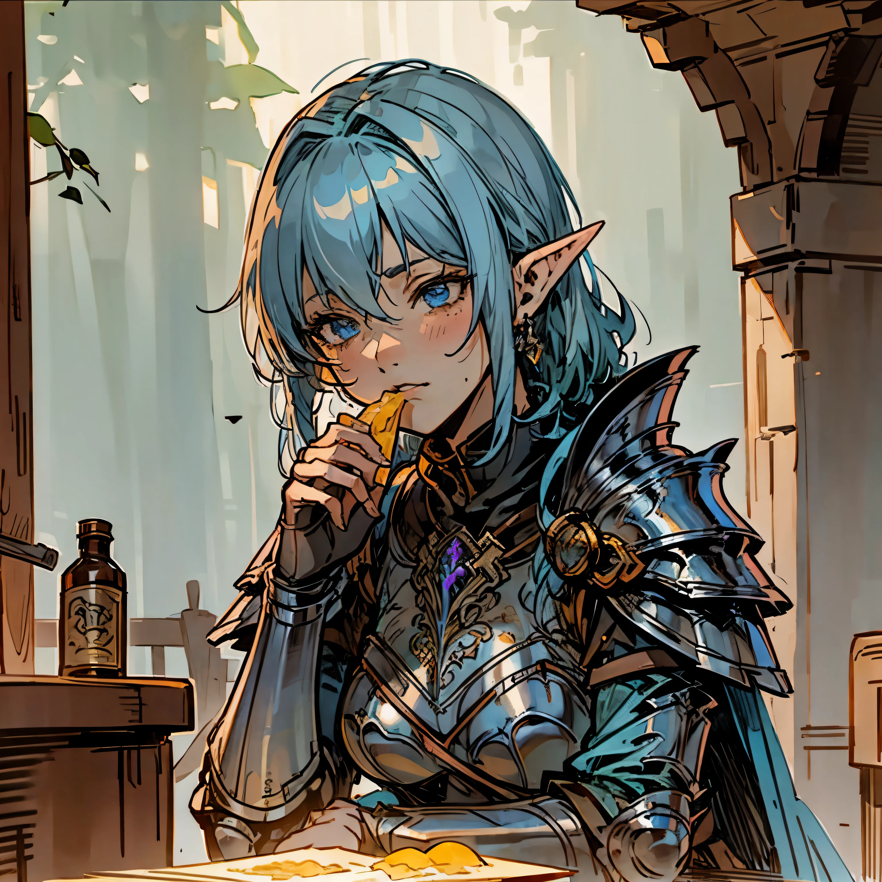 [Masterpiece, beautiful lighting, close up] Eating block of cheese, Sitting next to you in tavern, Cleddyf the elfin knight ,Strong Female elf knight, wearing metal plate armor , short light blue hair, short, neutral look, blank smile, emotionless[Face close up, detailed face, attention to face, realistic anime], dark fantasy, medieval fantasy, tavern in background