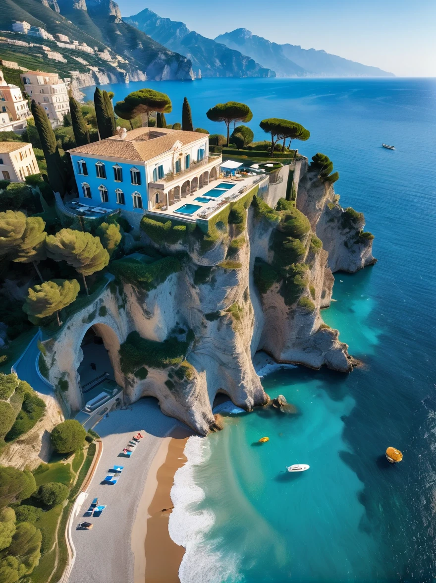 An impressive villa perched on the edge of a cliff,Facing the beautiful clear waters of the Amalfi Coast,Capture the different vibrant blue tones on the beach and the golden sunlight casting a warm glow on the landscape,Aerial view of the villa,As if it was taken with a drone equipped with a wide-angle lens,Highlights the grandeur of the landscape,This scene is worth traveling for photography,Looks great on postcards too。