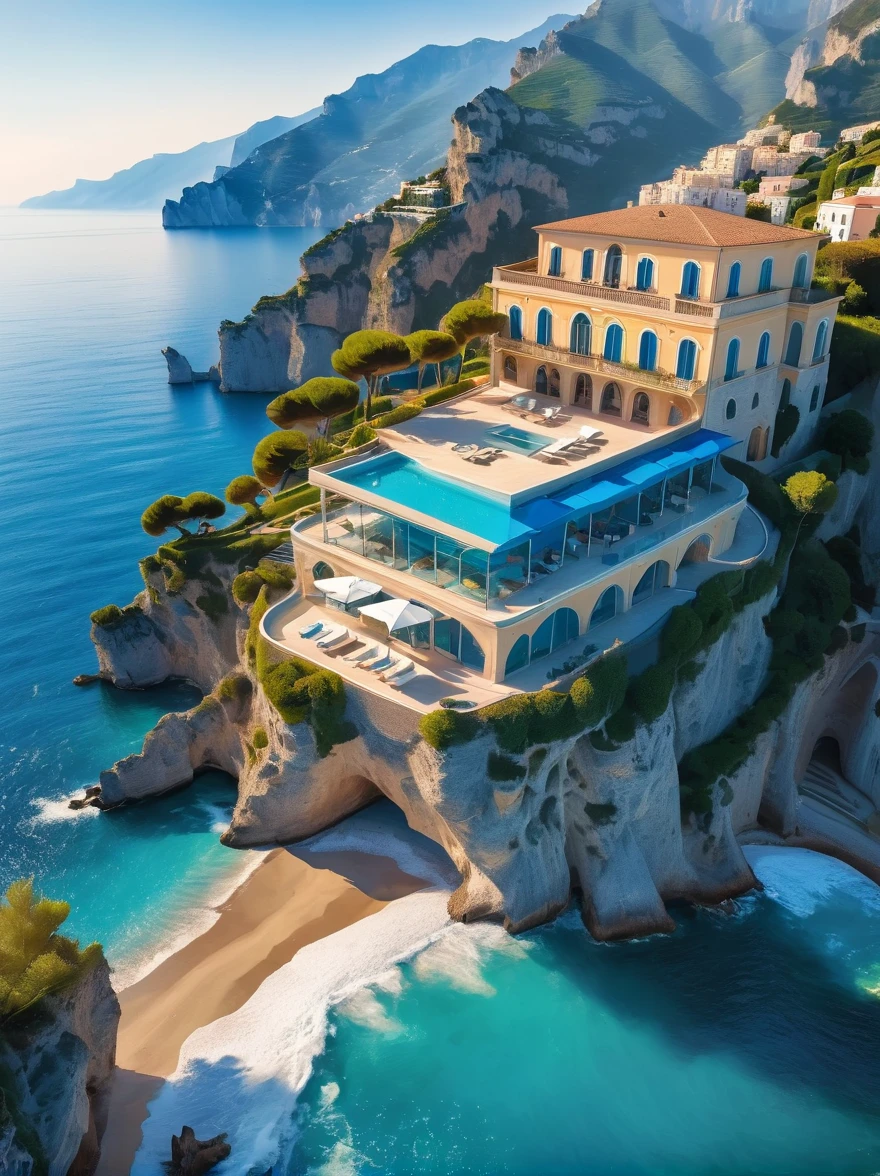 An impressive villa perched on the edge of a cliff,Facing the beautiful clear waters of the Amalfi Coast,Capture the different vibrant blue tones on the beach and the golden sunlight casting a warm glow on the landscape,Aerial view of the villa,As if it was taken with a drone equipped with a wide-angle lens,Highlights the grandeur of the landscape,This scene is worth traveling for photography,Looks great on postcards too。