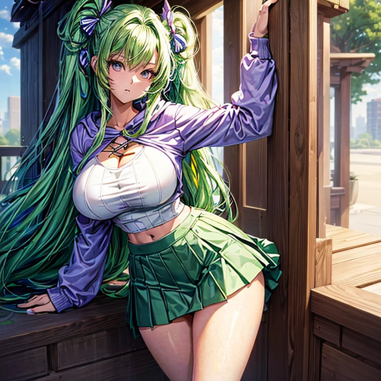 (American Planner),(Masterpiece), (High quality anime illustrations), (Highly detailed and complex), only one girl, Beautiful 26 year old girl with green hair knots, Slim build, Anime style , Lilac eyes, Encouraging, huge breasts with a good shape, Focus on the neckline: Very low cut, short hoodies crop top look, skirt, thighs, natural lighting, high contrast