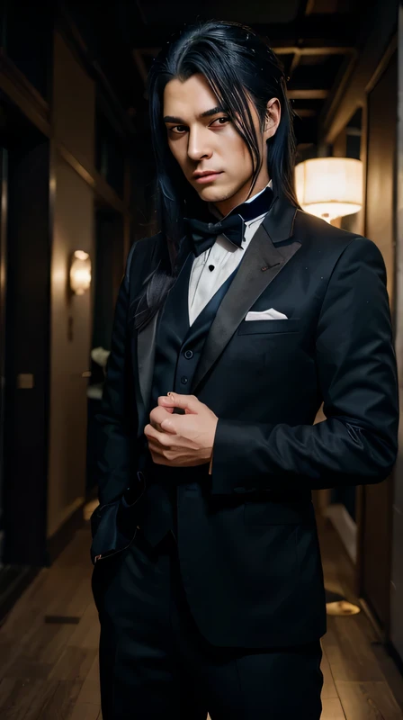 Man in tuxedo, anime man, dark blue hair, long tied hair, kaeya, genshin impact, left eyepatched, golden right eyeball, standing, elegant ambient, genshin theme, kaeya alberich