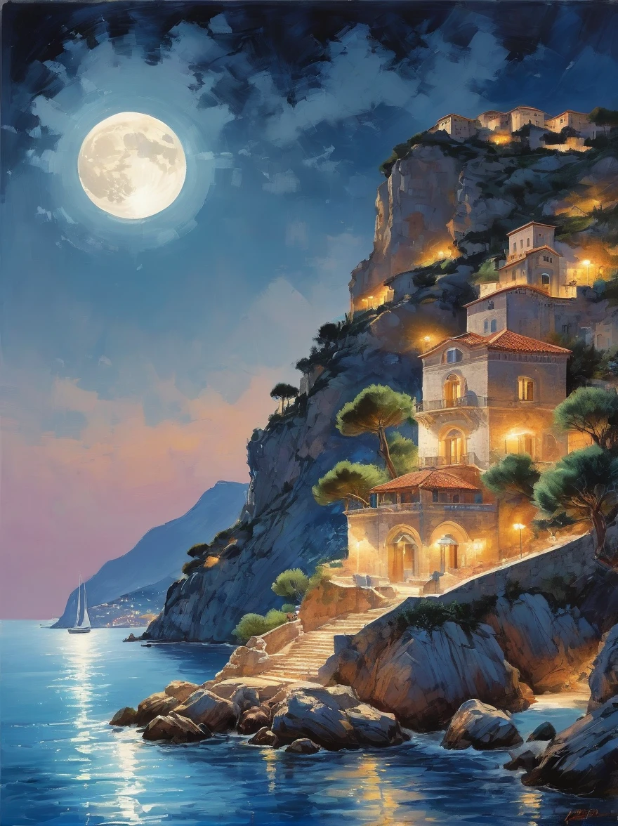 Romantic Aegean Sea，(Côte d'Azur:1.3)，night，Backlight，(一男一女坐在Côte d'Azur的沙滩上:1.4)，There is a big full moon behind，Alexander，Averin，Fresh colors，Soft colors，Diode light，Concept art style，Extremely complex details，Clear distinction between light and dark，Layering，Ultra HD