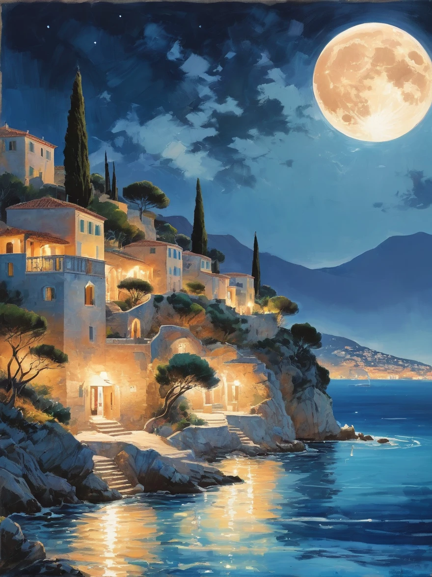Romantic Aegean Sea,(Côte d'Azur:1.3),night,Backlight,(一男一女坐在Côte d'Azur的沙滩上:1.4),There is a big full moon behind,Alexander,Averin,Fresh colors,Soft colors,Diode light,Concept art style,Extremely complex details,Clear distinction between light and dark,Layering,Ultra HD