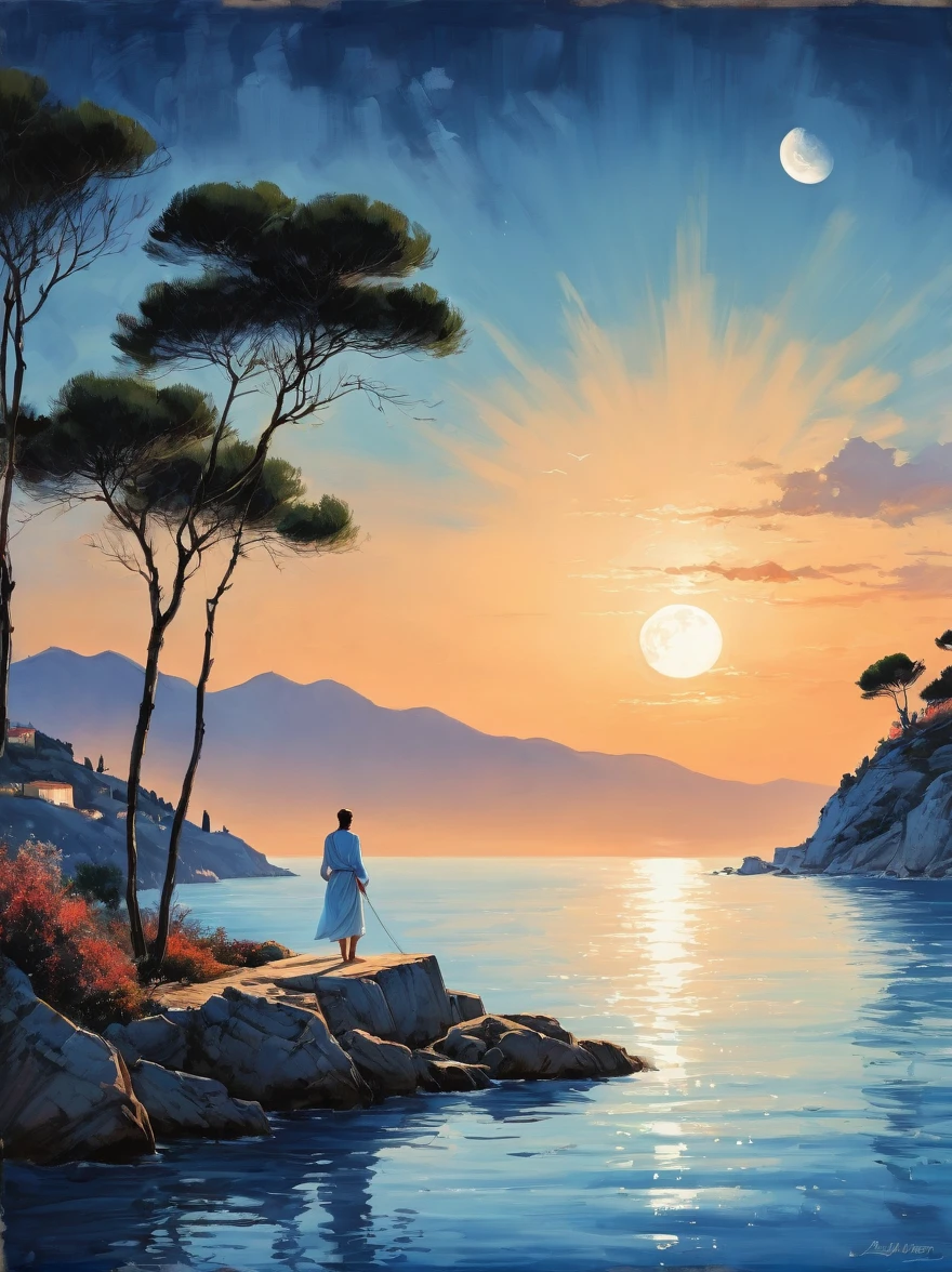 Romantic Aegean Sea，(Côte d'Azur:1.3)，night，Backlight，(一男一女坐在Côte d'Azur的沙滩上:1.4)，There is a big full moon behind，Alexander，Averin，Fresh colors，Soft colors，Diode light，Concept art style，Extremely complex details，Clear distinction between light and dark，Layering，Ultra HD