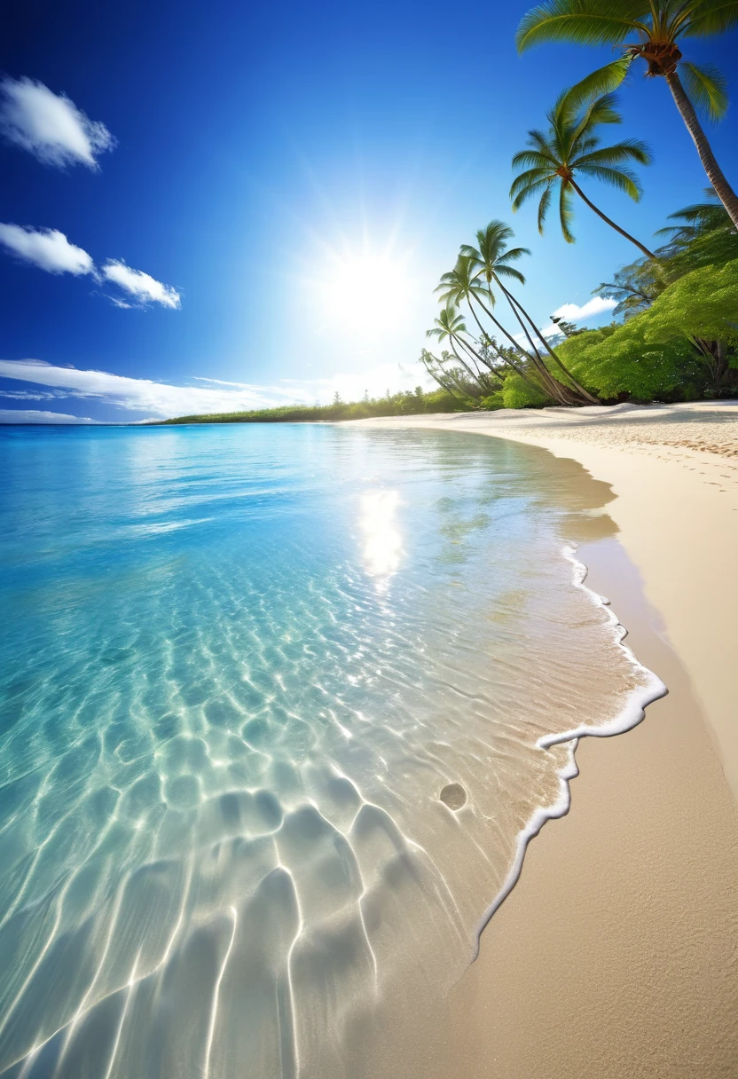 Hawaii's endless beaches、blue sky、Shiny water、White sand beach palm trees tropical spectacular fine white sand beach paradise white sand、Blue water and sunshine are ideal elements for vacation. Enjoy beach relaxation and sea activities at the resort on the beach.。best quality, High Detail, masterpiece, wide angle lens of movie scene, Ultra wide angle