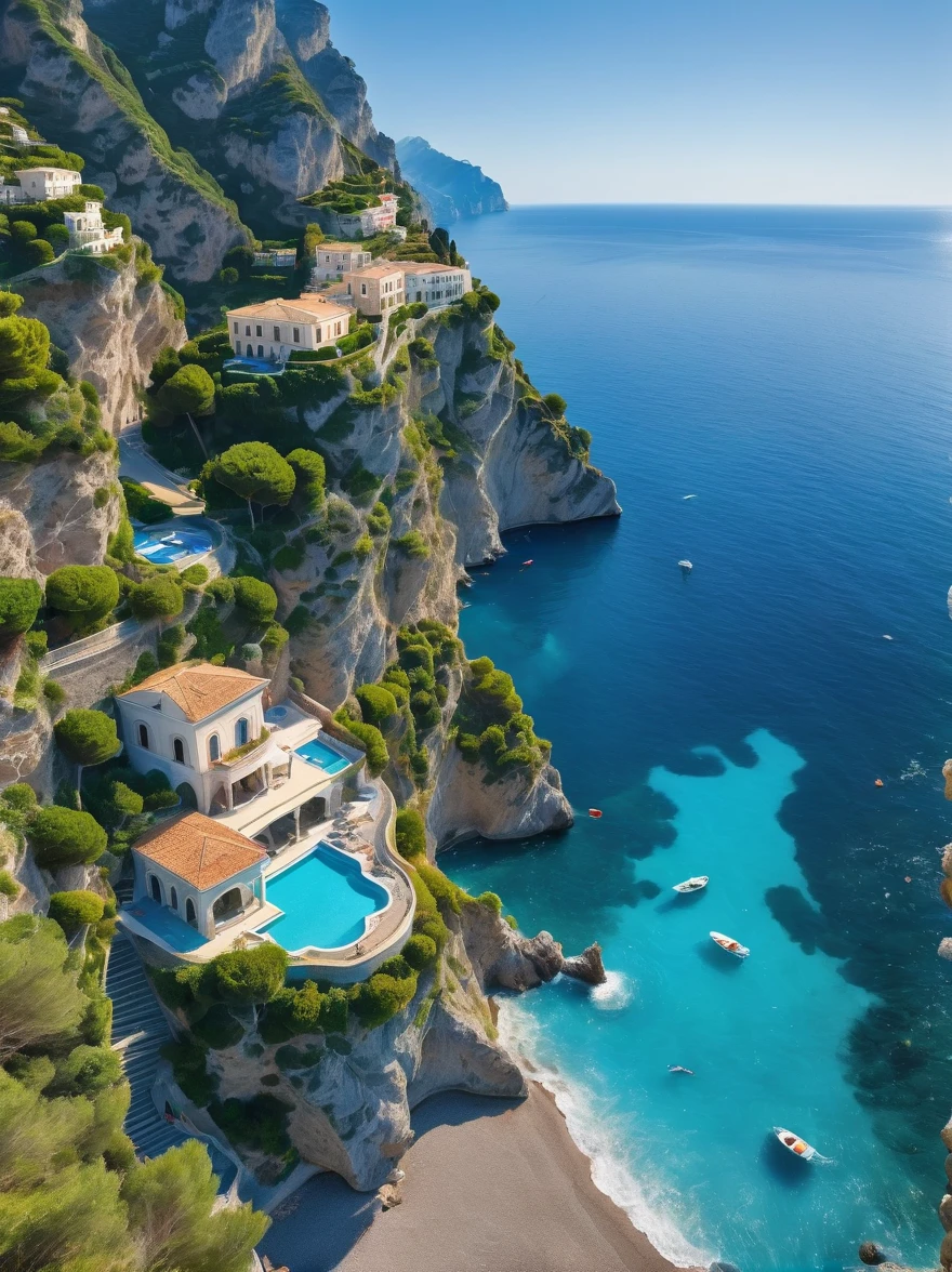 A breathtaking Italian villa perched on a cliff, majestically overlooking the crystal clear, azure waters of the Amalfi Coast, The beach radiates with brilliant shades of vibrant blue, as it basks under the radiant brilliance of the sunshine, The entire mesmerizing scene is captured from the bird's eye perspective of a drone employing a wide-angle lens, encapsulating the grandeur and raw beauty of this coastal gem, The image signifies a perfect instance of travel photography, exuding an allure tantamount to being a postcard-perfect scenery.
