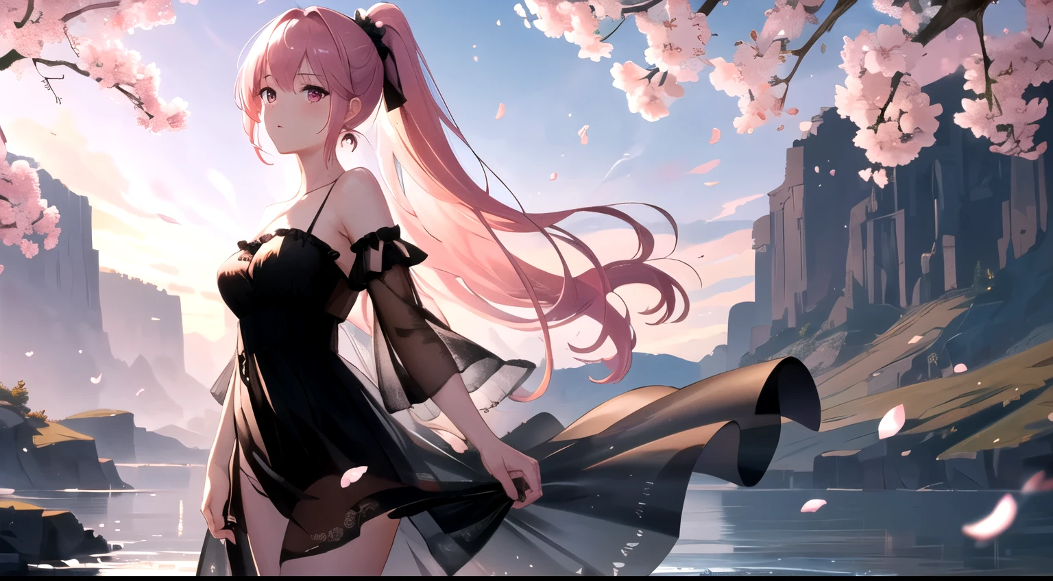 (best quality:1.1), (masterpiece:1.2), high quality shadow, beautiful detailed, (high detailed skin, skin details), (wide_landscape, 8k), beautiful face, detailed eyes, depth of field, dramatic light, best quality, highres, best shadow, best illumination, 1girl, positive face, pink hair, long hair, ponytail, red eyes, messy hair, earrings, large breasts, black dress, long dress, outdoors, cherry blossoms, ((black see-through dress)), strapless dress, black strip underwear, ((breeze)), Flying splashes, Flying petals, wind, cowboy shot, close to viewer, standing, bare legs,