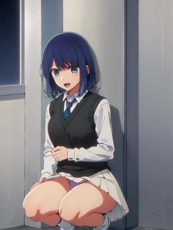 Beautiful lighting, One Girl, solo, Akane, White shirt, (((skirt))),Sweater vest, Black vest, Blue tie, ((Anime Style))、((2D))、Laughter、Open your mouth、Look forward,((Cotton panties with crotch)),(((skirtめくり, I can see your pants))),squat,From below,squat,squat,