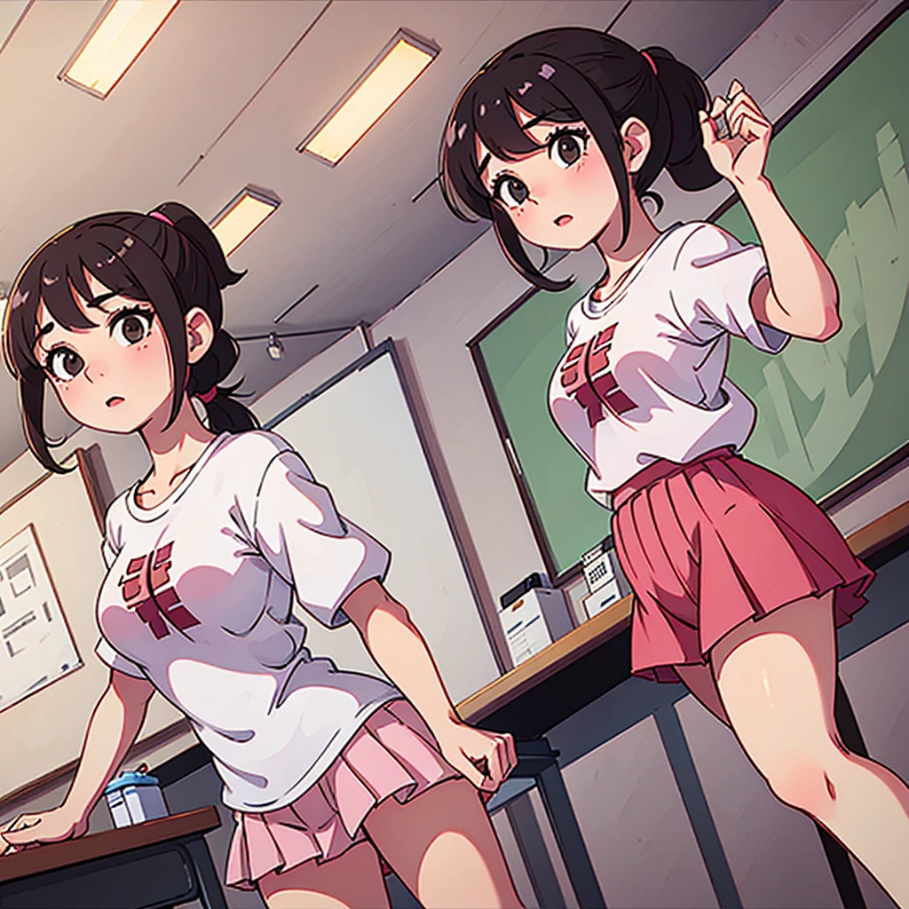 (best quality:0.8) 1 chubby girl, perfect anime illustration, a pretty, a girl with short  brown hair, ponytail,(tying hair:0.8), standing in the classroom, wearing a body tight round necked pink tshirt, short skirt, HDR