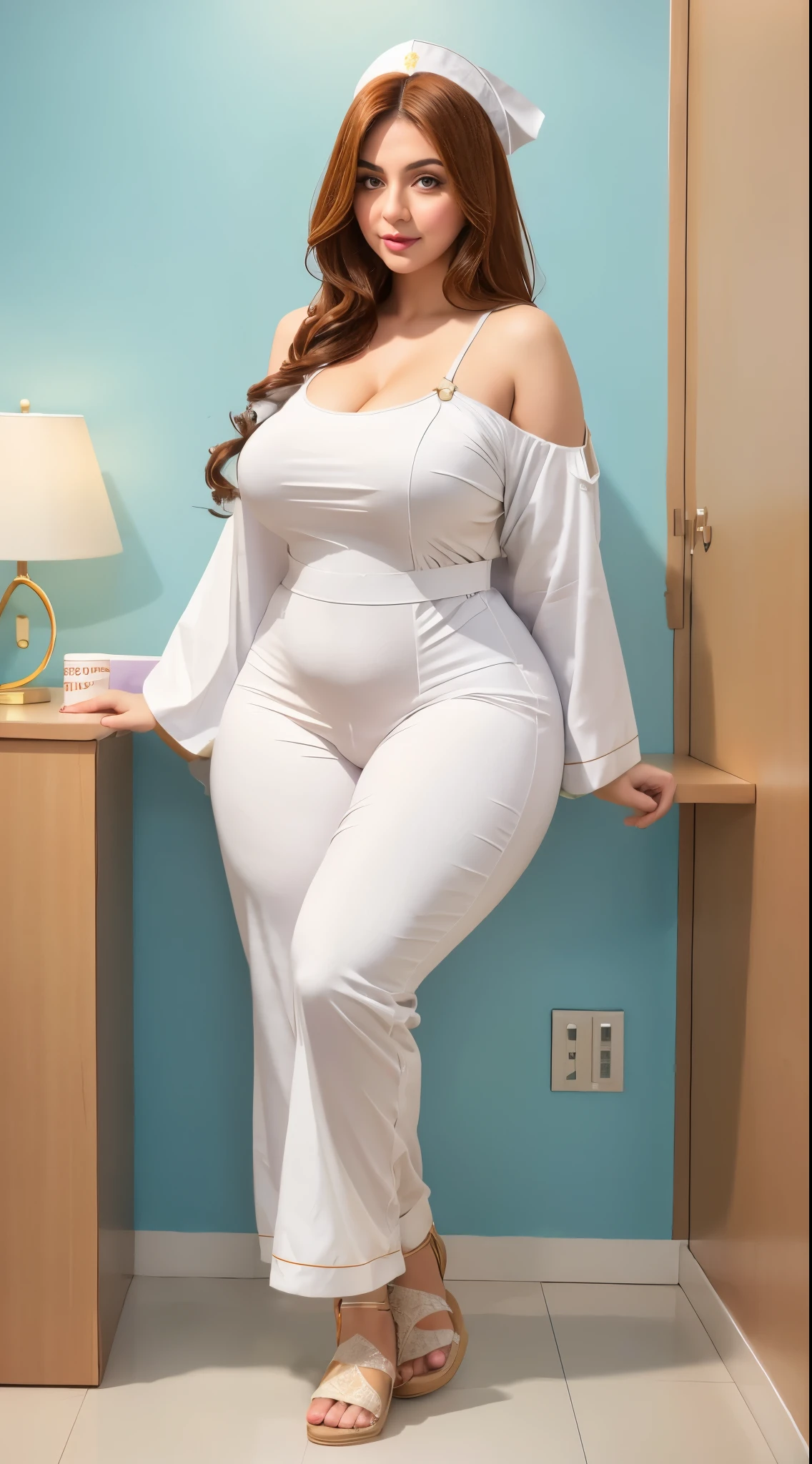 Arabic Woman in hospital, nurse, curvy body , wearing white jumpsuit pajamas, beautiful woman, very detail, long legs ,thick high, full body in camera, wearing strap wedges