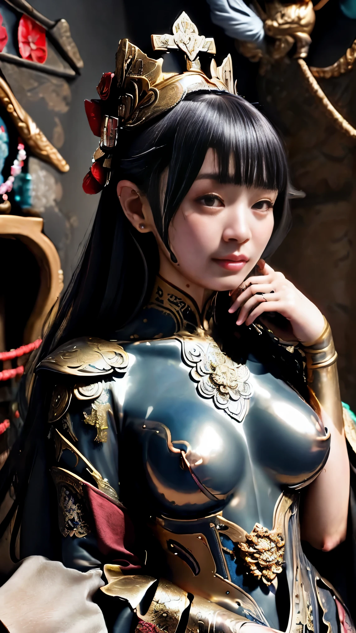 最high quality、high quality、Best image quality、8k、最High resolution、High resolution、最high quality、masterpiece、RAW Photos、whole body写真、Detailed and realistic human body、Detailed and realistic skin、Realistic face in every detail、Realistic reproduction of every detail、Detailed and realistic lips、Detailed and realistic teeth、Detailed and realistic ears、Detailed and realistic hair、Realistic reproduction of every detail、Realistic fingers in every detail、(Beautiful Hands、thumb1reference4)、Realistic feet down to the last detail、Realistic feet down to the last detail、Realistic breasts down to the last detail、((Beautiful Japanese Girl))、(Japanese Model), (Japanese women)、((18 year old beautiful girl))、(Black Hair)、(Random Hairstyles)、((whole body))、((Beautiful upward-facing breasts))、(Slim and perfect body)、(whole body光沢肌、Fair skin)、Detailed and realistic human body、Detailed and realistic skin、Realistic face in every detail、Detailed and realistic weapons、Realistic fingers in every detail、Detailed realistic feet、Realistic breasts down to the last detail、Soft natural light、Interior of a medieval European mansion、Interior decorated with artwork from the 1690s、 Inside a 1600s mansion、Classic Bedroom、Complex room、Classic interior、(Light-reflecting metallic liquid)、(Mirror Metal Liquid)、(Mirror-finished metal liquid)、((Mirror Metallic(金属の液体をwhole bodyに塗る))、((Mirror-finished metal liquid(The lines of the body are clearly visible))
