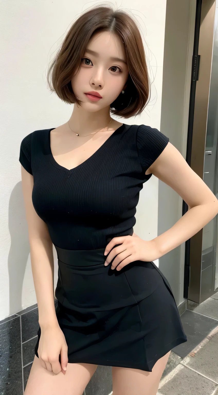 （（highest quality，8k，masterpiece：1.3）），Perfect beauty：1.4，Hips：1.2，（Layered Hairstyles：1.2）），（Street：1.3），Highly detailed face and skin texture，Full Body Lesbian，A sophisticated eye，double eyelid，Whitening the skin，short hair，Cute Korean Beauty（With a round face：1.5），（Black Top，Short skirt：1.6）