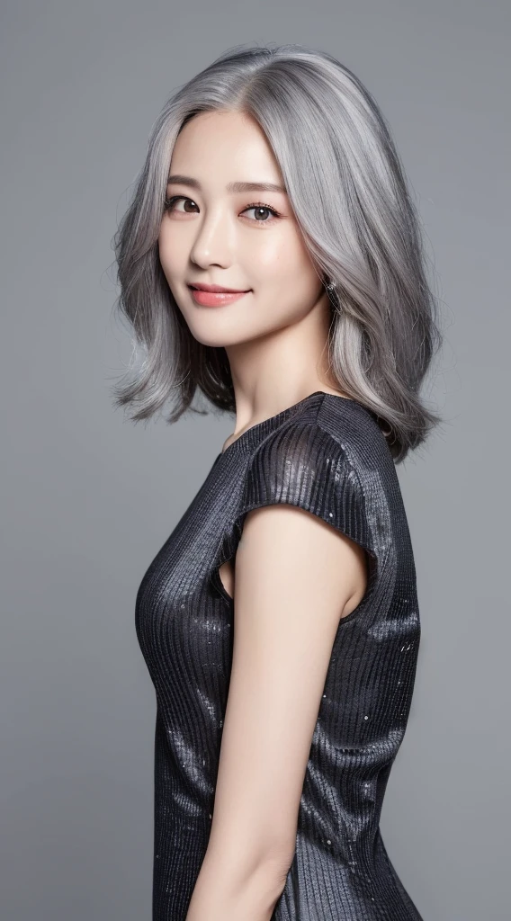 ((highest quality, 8k, masterpiece :1.3)), One girl, smile, whole body, Slim face, Beautiful woman, (Ash gray hair), Full length black dress :1.1, Highly detailed face, Fine grain, double eyelid, Blur the background, Slim face,Slim Style