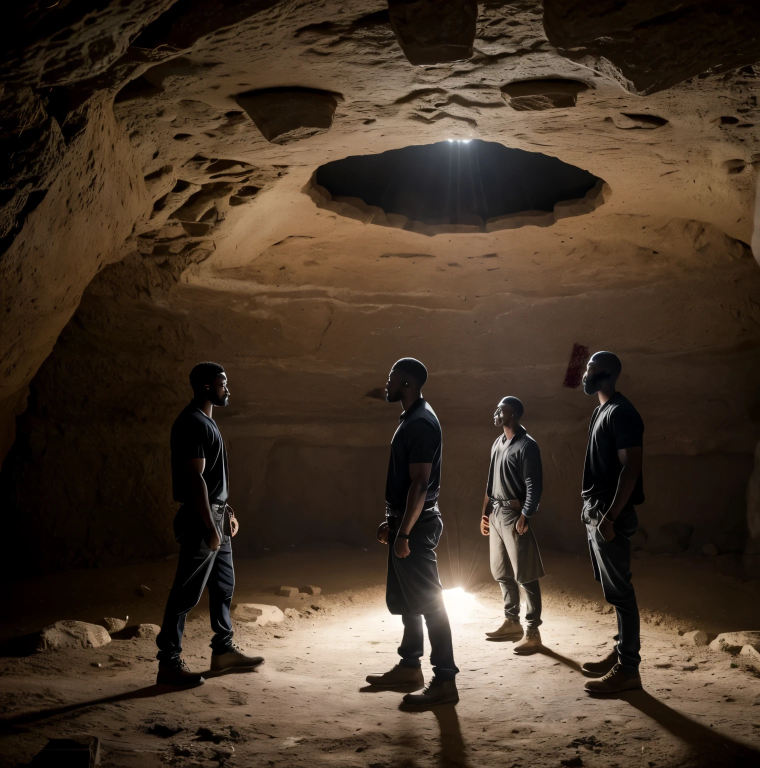 (best quality,4k,8k,highres,masterpiece:1.2), large hollow or cave-like structure created by the natural formation of rocks. Inside the hollow, there are three black men standing together, their silhouettes illuminated by a beam of light coming from above. They appear to be engaged in a deep conversation, their body language indicating a sense of camaraderie and unity.
The men are dressed in simple, earth-toned clothing, their expressions thoughtful and contemplative. The walls of the hollow are rough and uneven, adding to the sense of isolation and intimacy within the space. The atmosphere is both mysterious and serene, with an underlying feeling of solidarity and strength emanating from the figures within. Overall, the image captures a moment of connection and shared experience among these secluded and peaceful