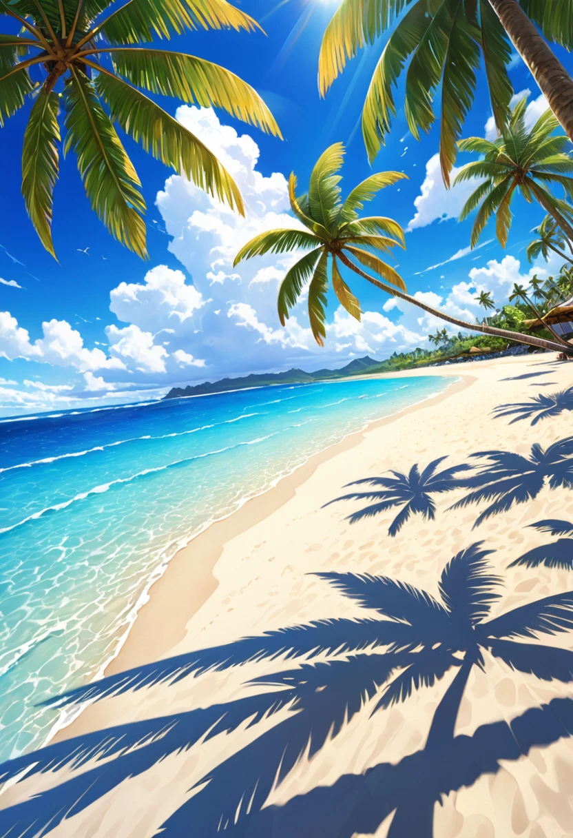      Hawaii&#39;s endless beaches、blue sky、Shiny water、White sand beach palm trees tropical spectacular fine white sand beach paradise white sand、Blue water and sunshine are ideal elements for vacation. Enjoy beach relaxation and sea activities at the resort on the beach.。best quality, High Detail, masterpiece, wide angle lens of movie scene, Ultra wide angle