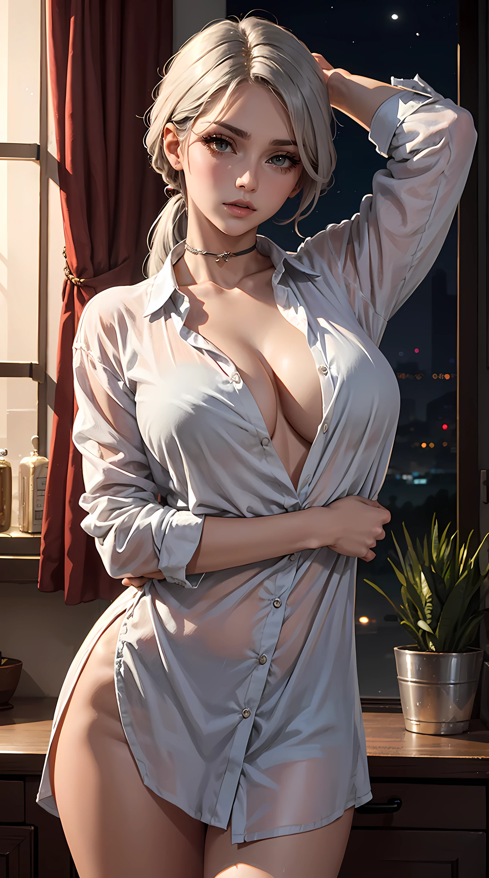 Beautiful gray hair woman is shown to have a slender figure, she is wearing a oversized button down sleep shirt, choker, sexy look, long thin ponytail, beautiful eyes, girl in night life ,sexy session, sexy pose, cowboy shot, superior quality, many details, realistic