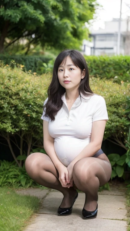 Japanese,young, (alone), 19 years old, (Double),whole body,Medium Hair, Glamour, Pure white skin, Photographed from the front,Watching the audience、(The upper body is a uniform)、(Black pantyhose),Pantyhosed toes、garden、squat,(Are pregnant)