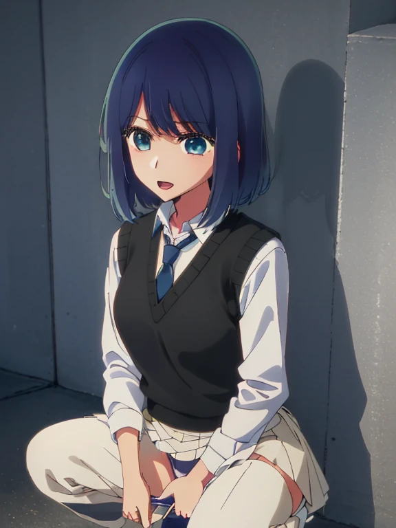 Beautiful lighting, One Girl, solo, Akane, White shirt, (((skirt)))，Sweater vest, Black vest, Blue tie, ((Anime Style))、((2D))、Laughter、Open your mouth、Look forward，((Cotton panties with crotch))，(((skirtめくり, I can see your pants)))，squat，From below，squat，squat，