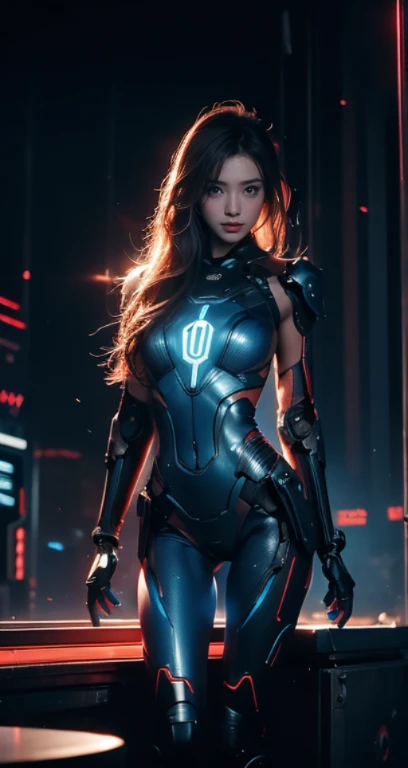 Realistic picture 8k,Masterpiece,Highest quality,Maximum details,anatomy,hips up,Complete dynamic composition,Bright natural light that is easy on the eyes,1 girl,alone,cyberpunk robot,blue body,There are neon lights on the machinery.,Body Machinery,