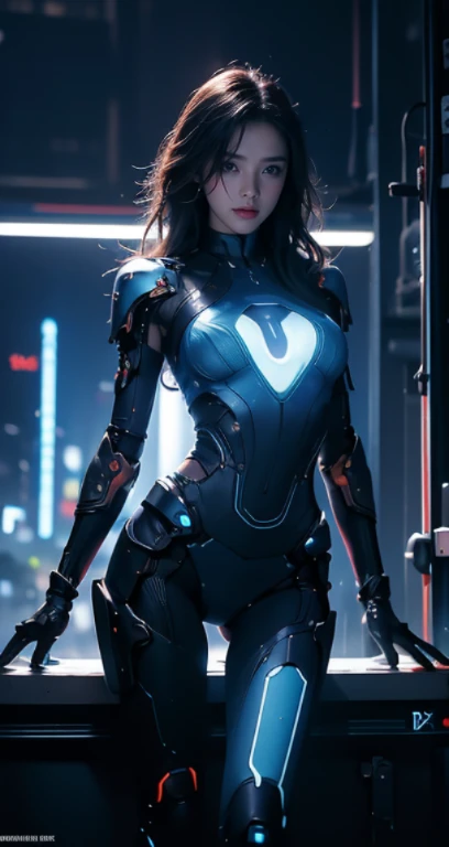 Magnificent artificial intelligence, beautiful woman with robotic body, hyper realistic, cinematic angle, blue neon blurred background, apparent circuits,  vibrant, detailed, zbrush, comic book illustration, trending on artstation. by peter mohrbacher, by wlop, by ruan jia, by alphonse mucha, by dmitry prozorov, by norman rockwell,