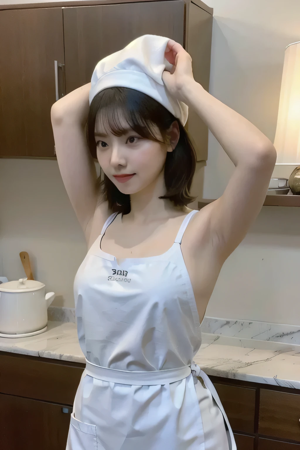 A woman is cooking、(kitchen_apron:1.Wear 3)、Good move、4K、High resolution、masterpiece、highest quality、cap:1.3、((Hasselblad Photos))、Fine skin、Sharp focus、(Cinematic lighting)、Soft lighting、Dynamic Angle、[:(Detailed face:1.2):0.2]、Medium Chest、Sweaty skin:1.2、(((In the kitchen))) Laughter　Beautiful profile　Huge boobs　Beautiful body　Tying up hair　Broad background々Luxurious living room　Luxurious and luxurious living　Luxurious living room　Beautiful living room　Beautiful living room　Laughter