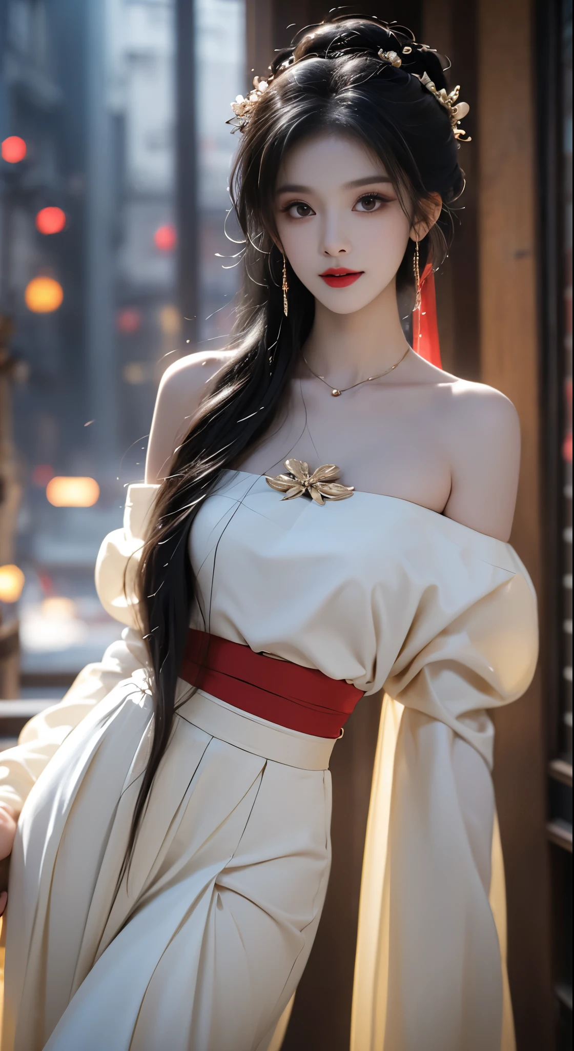 Hanfu-song, Hanfu, Song Theme, Drawstring, Pipe top, ((Bare shoulders)), ((The skirt is short, Showing off her sexy long legs)), ((whole body)), Practical, Fashion girl, Red lips, Mature women, Exquisite makeup, big eyes, beautiful, (best quality, masterpiece:1.2), Ultra Detailed, (Practical:1.37), ((Random scenes, Random shooting angles)), ((Sexy long legs)), Young and energetic, Charming model, (Delicateeyes, Delicate lips), Show a bright smile, Create stunning girl images, warm color, Very high color saturation, Official Art, Extremely detailed CG, Unity 8K Wallpaper, (High Dynamic Range :1.4), (Movie atmosphere),(Soft colors), (Natural skin texture, ultra-Practical, Soft Light, sharp),(Very detailed), night, moonlight