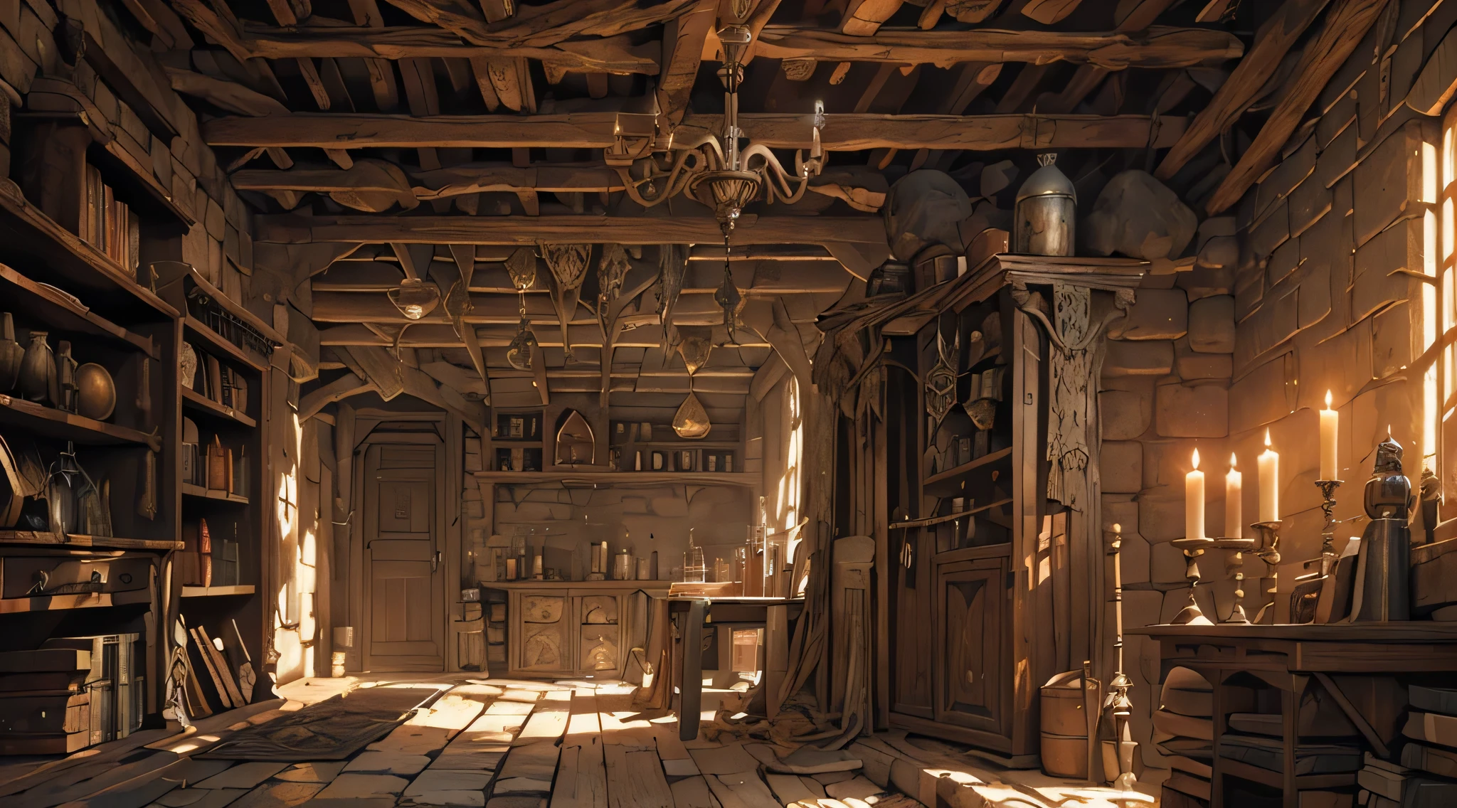 (in the) basement,(an) abandoned(, unkempt)[blacksmith's workshop:1.1],(medieval:1.1) fantasy,(detailed) cobwebs,(crumbling) stone walls,(flickering) candlelight,(huge) iron anvils,([rusty:0.9] and worn-out) tools,(forgotten)[swords, armor, hammers],(mysterious) shadows,(dust-covered) workbenches,([sparks and smoke] flying) from the furnace,(mystical) runes carved on the walls,(forgotten) whispers of ancient crafts,(eerie) silence,(minimal) natural light,(dimly lit) torches,(heavy) scent of iron and coal, ([ominous:0.9]) atmosphere, ([cracked:0.9]) windows, ([heavily worn:0.9]) wooden beams, ([damp and cold] air), (shimmering) suit of armor in the corner, (tattered) tapestries depicting heroic battles,([hidden alcoves and secret passages]),([distant:0.9] echoes of clanging metal),(ancient) scrolls and manuscripts scattered on the floor,(forgotten)[alchemy potions, mysterious artifacts],(mystical) symbols etched on the floor,([intricate and delicate:1.1]) ironwork sculptures,(whispering:1.1) ghosts from the past,(ominous) atmosphere,([mysterious:1.1] aura).