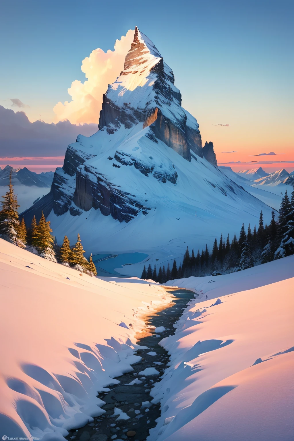 Snow on the summit of the Matterhorn, high quality Ghibli of snowy mountains and lakes, anime masterpieces