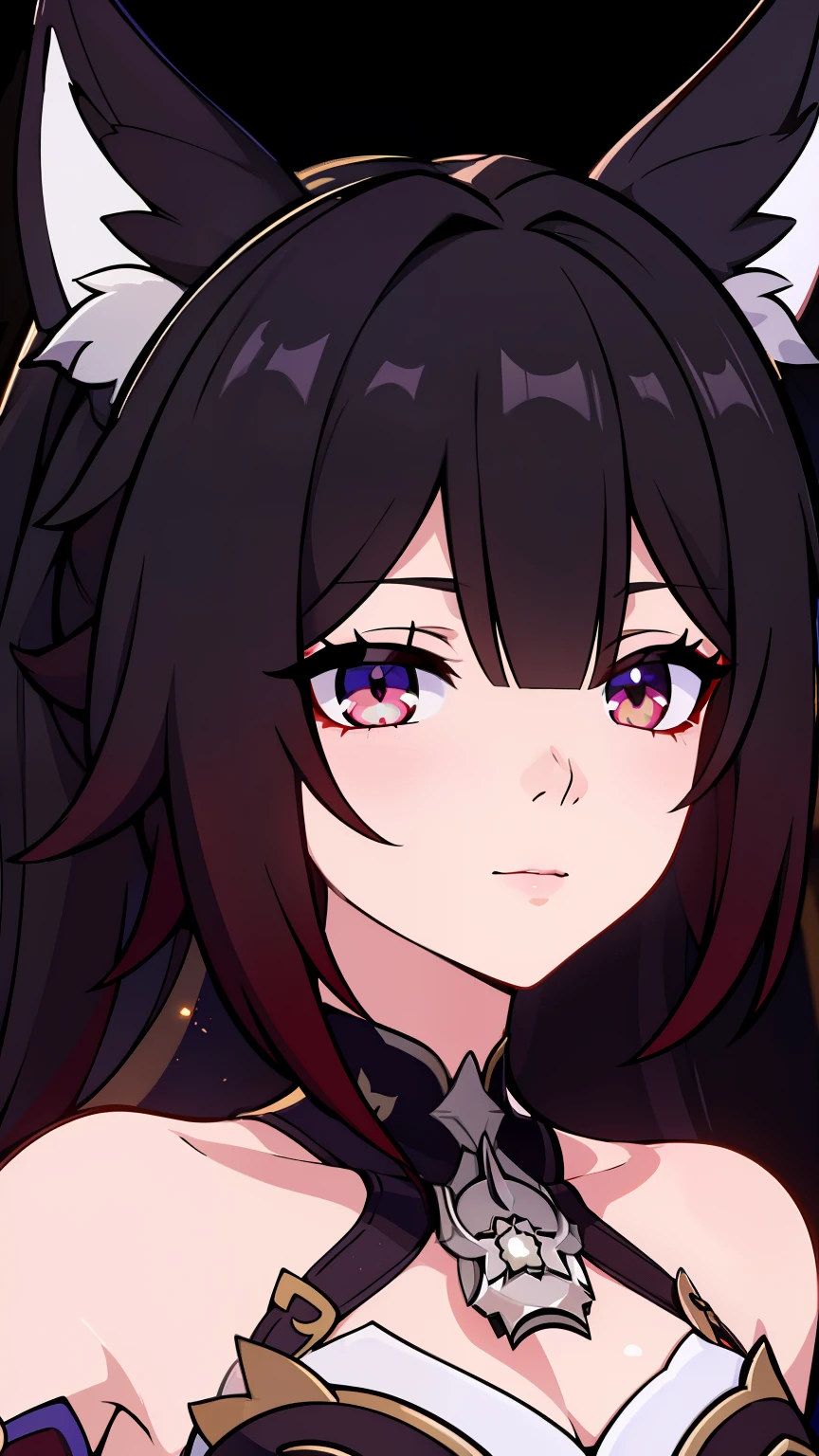 (high-quality, breathtaking),(expressive eyes, perfect face) 1girl, female, solo, portrait, honkai star rail inspired, medium, cheerful expression, Fox ears, Symmetrical Eyes, black background, fireflies background, soft lights, long hair length