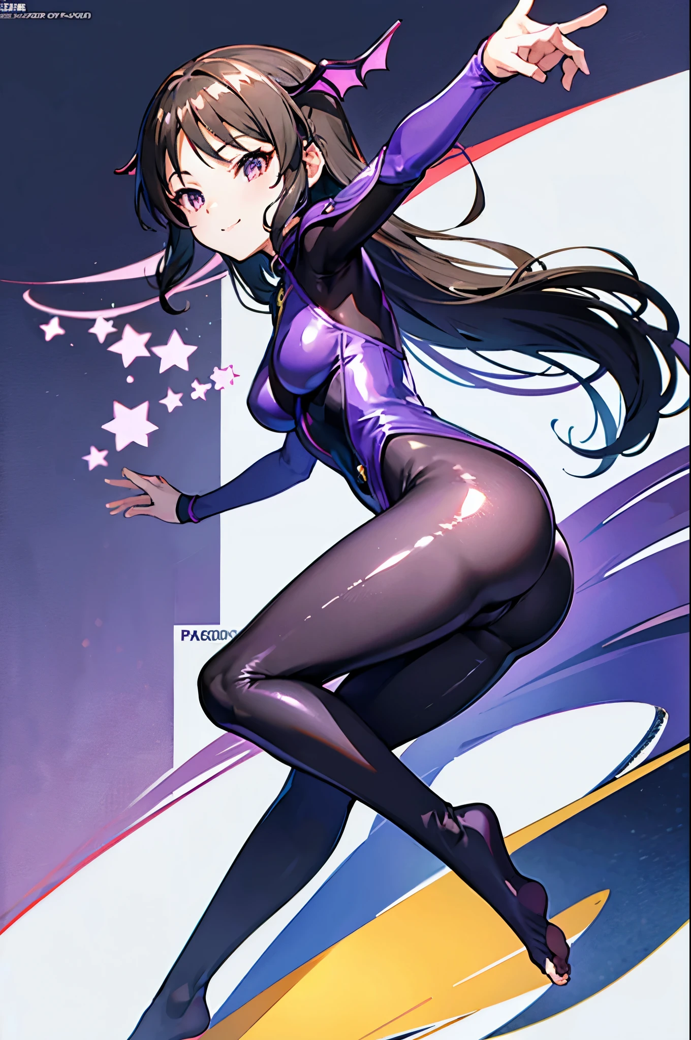 highest quality Highest quality draw the face carefully Anime style high quality face Super Glowing Skin Black full body suit Purple pantyhose barefoot Succubus lure smile Rear view Back view