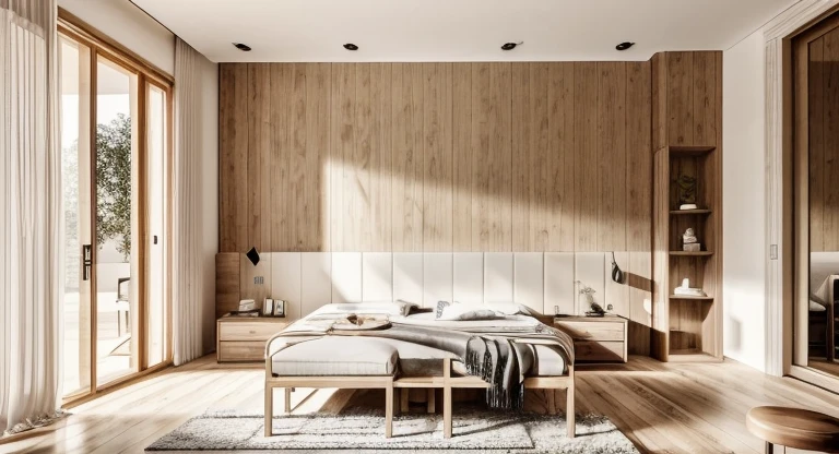 Raw photo, authentic, interior, indoors, bedroom style minimalist with couch, table, rug, ceiling fan, wooden floor, cream color tone, daylight, resort feeling, natural light in room, Fantastic lights and shadows, lens flare, lens flare, cinematic lighting, ray tracing, vignetting, interior architecture, Minimalism, Masterpiece, high quality, best quality, super detail