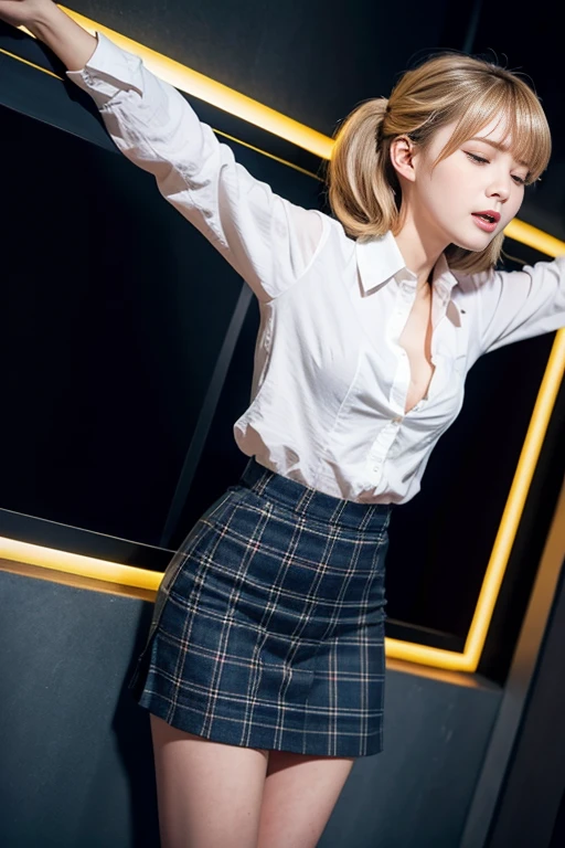 School, classroom, girl crucified on blackboard, full body, arms spread horizontally, Christ pose, (remote_play), (remote_tremble), olchan-6500-v1.1, Pyros face_v1, highest quality, masterpiece, shape, (realistic, photo realistic:1.37), amazing, detailed, change settings absurd, large file size, very detailed, high resolution, very detailed CG unity 8k wallpaper, ray tracing, browsing caution, 1 woman, Japanese, 19-year-old girl, (dark blonde medium wave hairstyle that falls over one eye. Bangs are slicked back.:1.3), (slender body),(OL, secretary, white collared shirt, micro mini skirt),(blushing:1.4),(cleavage), eyes closed, Witness an individual who is overwhelmed by the intense stimulation caused by a powerful vibrating device. A jolt of pleasure or surprise causes her to instinctively twist, her body responding to the electrical vibrations, her eyes closed and mouth open, her expression a mixture of joy and sadness, surprise, and a hint of vulnerability. The energy of the scene is palpable, and the viewer is invited to share in the thrilling experience on this theme, red collar, slavery, shackles