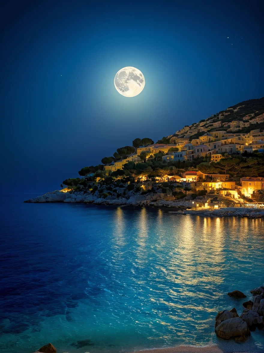 Romantic Aegean Sea，(Côte d'Azur:1.3)，night，Backlight，(1对情侣坐在Côte d'Azur的树枝上:1.4)，There is a big full moon behind，Alexander，Averin，Fresh colors，Soft colors，Diode light，Concept art style，Extremely complex details，Clear distinction between light and dark，Layering，Ultra HD