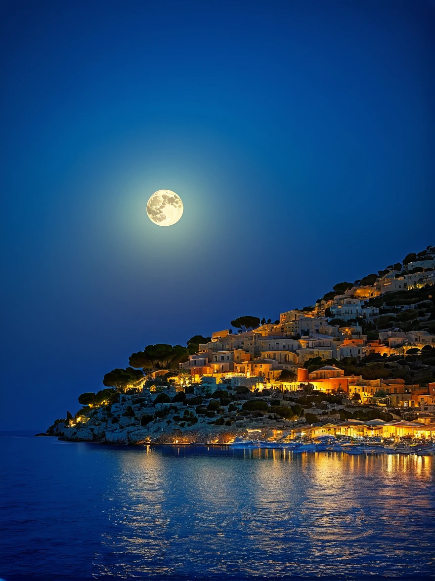 Romantic Aegean Sea,(Côte d'Azur:1.3),night,Backlight,(1对情侣坐在Côte d'Azur的树枝上:1.4),There is a big full moon behind,Alexander,Averin,Fresh colors,Soft colors,Diode light,Concept art style,Extremely complex details,Clear distinction between light and dark,Layering,Ultra HD