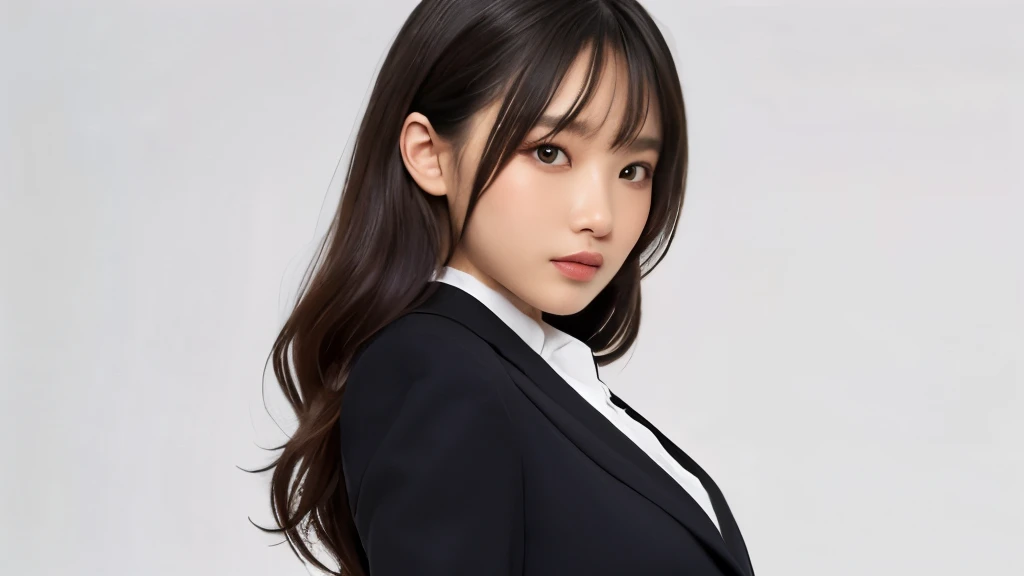 (masterpiece:1.2,highest quality),((White background)),((Photographed with an ultra-wide-angle single focus lens)),depict the upper body,1 young woman,((suit)),(Big Breasts),((Look to the side)),Black wavy hair,((Fine and beautiful eyes)),blushed,Healthy Skin,(smile),8k resolution
