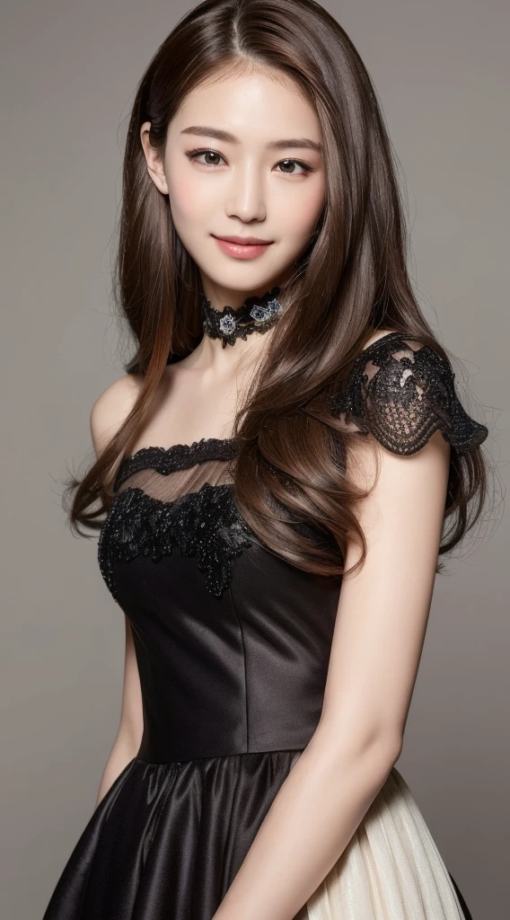 ((highest quality, 8k, masterpiece :1.3)), One girl, smile, whole body, Slim face, Beautiful woman, (Slightly light brown hair), Full length black dress :1.1, Highly detailed face, Fine grain, double eyelid,  Blur the background, Slim face,Slim Style、whole body