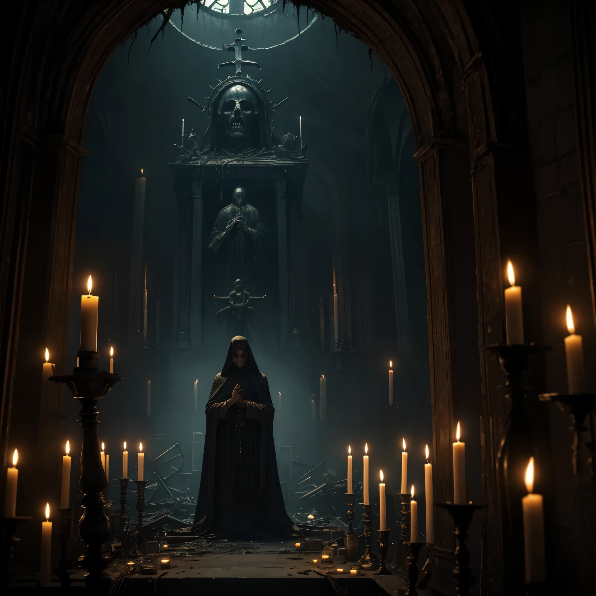 a horrifying depiction of a filthy religious scene, dark and eerie, with decay and despair dominating the atmosphere, a hauntingly beautiful altar surrounded by flickering candles, ominous shadows hiding grotesque statues, unsettling symbols of devotion dripping with filth, a malevolent energy permeating the entire environment, intense and sinister, an ungodly presence twisting and distorting religious iconography, invoking a sense of dread and unease, the air thick with a pungent odor of decay and religious fervor. The scene is rendered in a photorealistic style, with high-resolution details and vibrant colors, capturing every disgusting aspect in vivid clarity. The lighting is dramatic, casting deep shadows and highlighting the disturbing elements, enhancing the overall horror and macabre nature of the image.