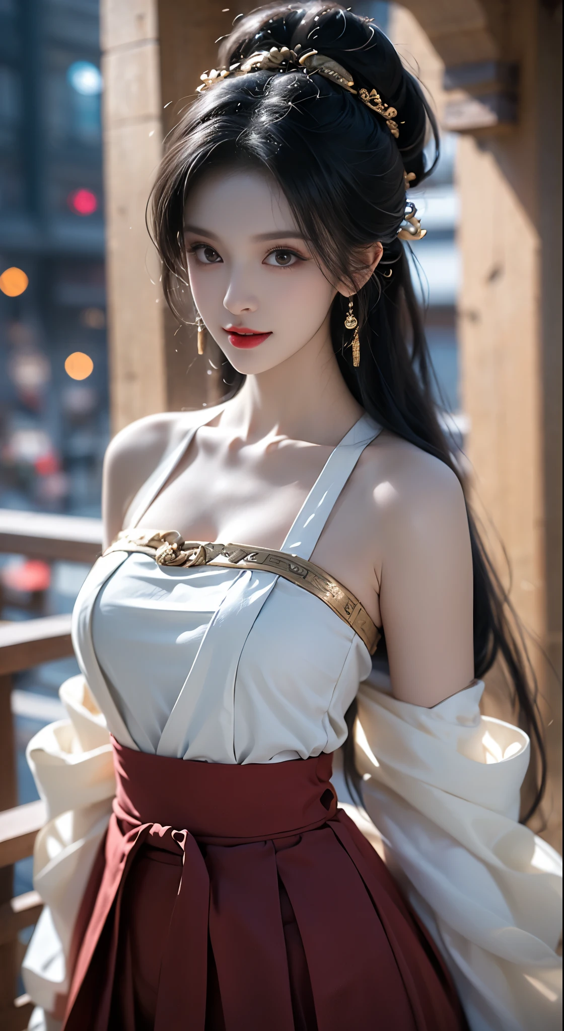 Hanfu-song, Hanfu, Song Theme, Drawstring, Pipe top, ((Bare shoulders)), ((Full breasts)), ((The skirt is short)), ((Lift the skirt with your hands)), ((whole body)), Practical, Fashion girl, Red lips, Mature women, Exquisite makeup, big eyes, beautiful, (best quality, masterpiece:1.2), Ultra Detailed, (Practical:1.37), ((Random scenes, Random shooting angles)), ((Sexy long legs)), Young and energetic, Charming model, (Delicateeyes, Delicate lips), Show a bright smile, Create stunning girl images, warm color, Very high color saturation, Official Art, Extremely detailed CG, Unity 8K Wallpaper, (High Dynamic Range :1.4), (Movie atmosphere),(Soft colors), (Natural skin texture, ultra-Practical, Soft Light, sharp),(Very detailed), night, moonlight