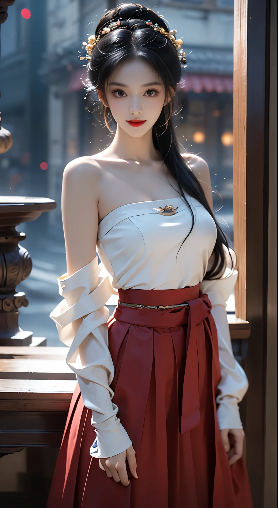 Hanfu-song, Hanfu, Song Theme, Drawstring, Pipe top, ((Bare shoulders)), ((Full breasts)), ((The skirt is short)), ((Lift the skirt with your hands)), ((whole body)), Practical, Fashion girl, Red lips, Mature women, Exquisite makeup, big eyes, beautiful, (best quality, masterpiece:1.2), Ultra Detailed, (Practical:1.37), ((Random scenes, Random shooting angles)), ((Sexy long legs)), Young and energetic, Charming model, (Delicateeyes, Delicate lips), Show a bright smile, Create stunning girl images, warm color, Very high color saturation, Official Art, Extremely detailed CG, Unity 8K Wallpaper, (High Dynamic Range :1.4), (Movie atmosphere),(Soft colors), (Natural skin texture, ultra-Practical, Soft Light, sharp),(Very detailed), night, moonlight