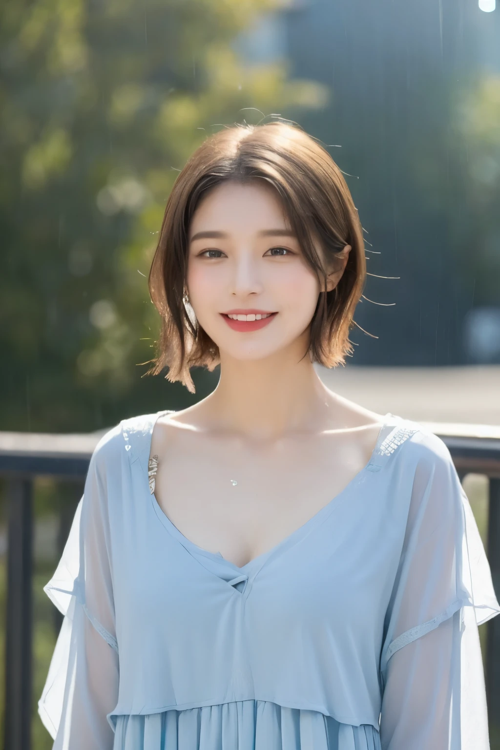 ((best quality, 8K, masterpiece:1.3)), Concentrate upon: 1.2, perfect body beauty: 1.4, hip: 1.2, ((layered haircut, chest: 1.2)), (wet clothes: 1.1), (rain, distance:1.3), bandeau dress: 1.1, Highly detailed face and skin textures, good eyes, double eyelid, Whitening skin, long hair, (shut up: 1.3), laugh, whole body, (whole body), ((whole body)), whole body이 보이는 뷰, full body, casual shoes,