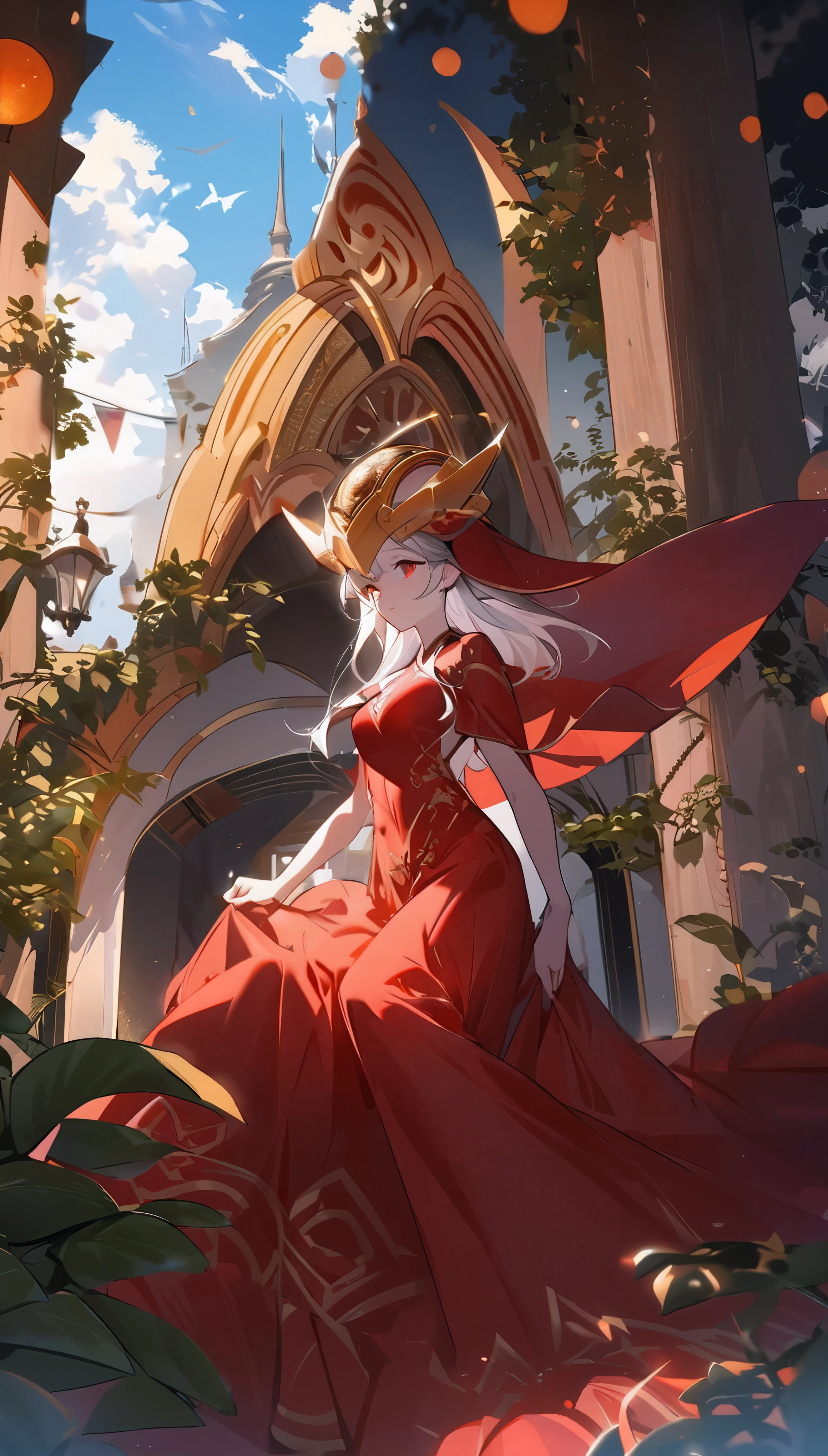 On the beautiful fantasy queen, there is an anime girl wearing a red dress in the picture. She was wearing a red cloak and a golden crown on her head. She has beautiful eyes and charming lips. The image of this girl draws inspiration from the illustration styles of Artgerm and Atey Ghailan, featuring detailed depictions by Alphonse Mucha and Rosdrav, as well as the extremely detailed artistic styles of Krenz Kushat and Artgerm. The entire picture is exquisitely crafted using illustrated materials, inspired by Artgem and Rossdraws.
